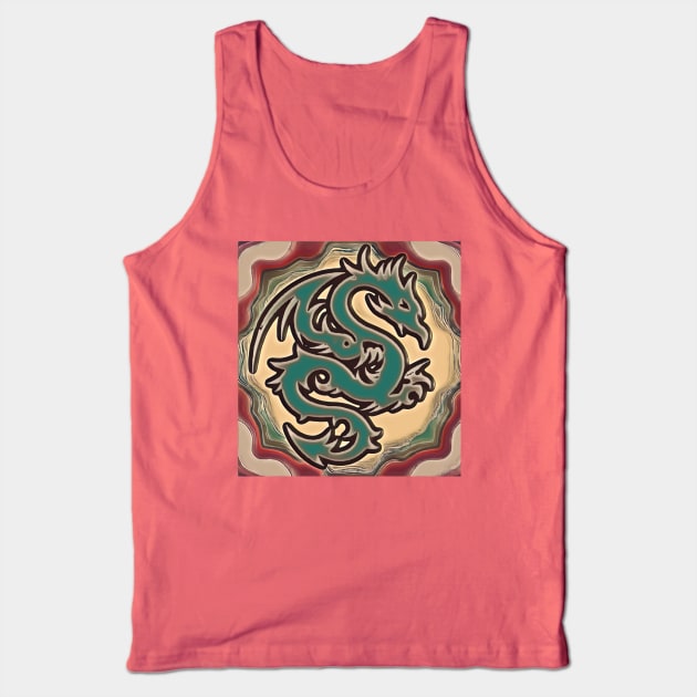 Burgundy, green, and cream abstract print with dragon graphic Tank Top by BJG Abstract Arts 